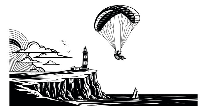 Line art illustration of a paraglider flying near a lighthouse depicting extreme sports for coastal adventure