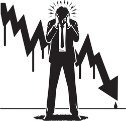 Fototapeta premium Stressed trader silhouette facing falling market graph anxiety concept vector
