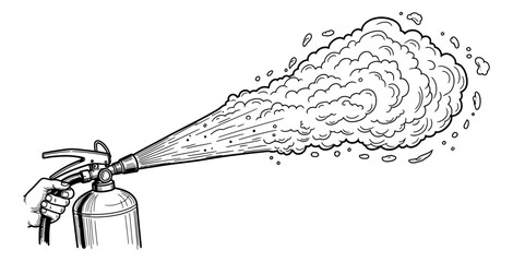 Hand drawn illustration of a fire extinguisher depicting foam spraying for fire safety