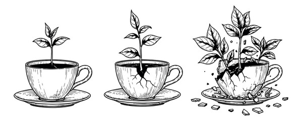 Hand drawn line art growth illustration set featuring plants breaking teacups for concepts of development