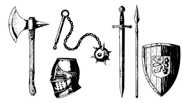 Hand drawn line art medieval weapons and armor set featuring an axe, flail, helmet, sword, spear, and shield for historical and fantasy designs