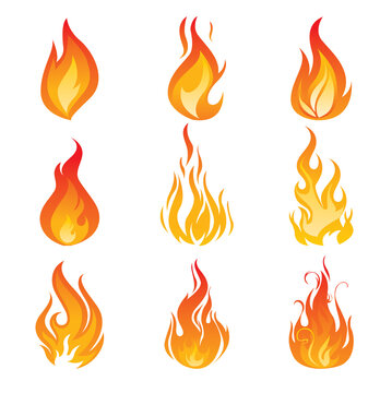Collection of stylized flame icons in warm orange and yellow gradients, flat vector design, isolated on transparent background, ideal for logos, stickers, apps, and graphics.