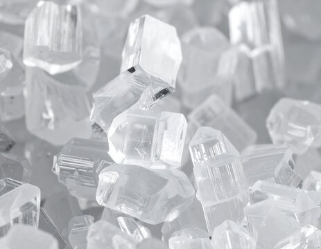 Close-up monochrome of granular, translucent, crystalline structures, reflecting light. The focus is on a few dominant shapes