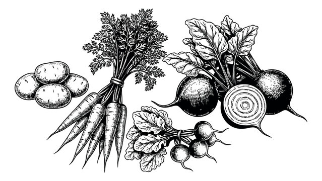 Hand drawn line art vegetable set featuring potatoes, carrots, beets, and radishes for healthy eating and gardening designs