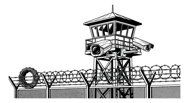 Black and white line art illustration of a security watch tower depicting active surveillance with cameras and a razor wire fence for prison or border control concepts