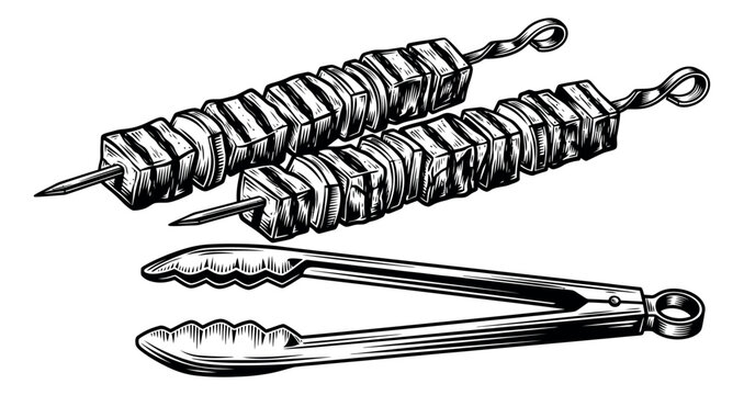 Hand drawn line art BBQ tools and food set featuring meat skewers and grilling tongs for summer barbecue