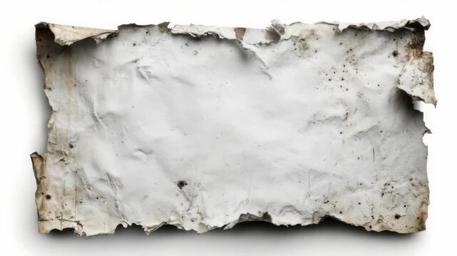 Wrinkled and aged white paper with burnt, torn and stained edges on clean white background, concept of vintage document or decay