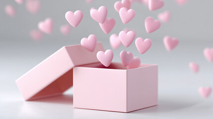Open pink gift box with hearts flying out
