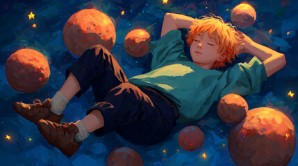 A beautiful anime-style illustration of a boy lying peacefully among glowing orange planets and stars in a deep blue cosmic sea. Captures themes of relaxation, imagination, and celestial wonder.