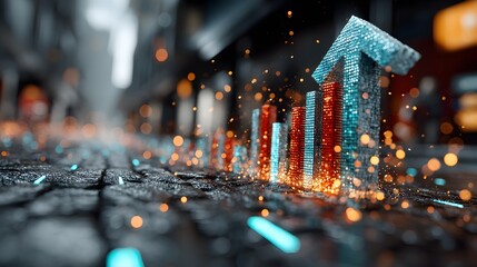 Financial growth chart with upward arrow and glowing particles symbolizing success and progress.