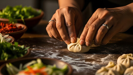 Warm Tone Culinary Hands Shaping Delicious Dumpling at Rustic Table