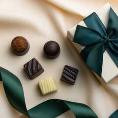 Gourmet Chocolate Pralines with Gift Box and Silk Green Ribbon