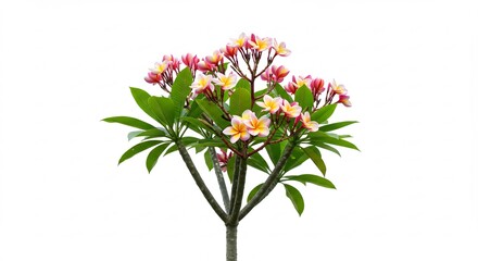 Obraz premium 鮮やかなピンクと黄色の花びらが特徴的なプルメリアの植物が柔らかな光に包まれ純粋な白背景に美しく映える熱帯の楽園から届いたような生命力あふれる瑞々しい花々の集合体がクリーンな印象を与える. AI Generated