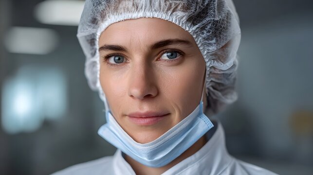 Professional woman wearing a hairnet and medical mask pulled down looking thoughtfully in a sterile laboratory setting