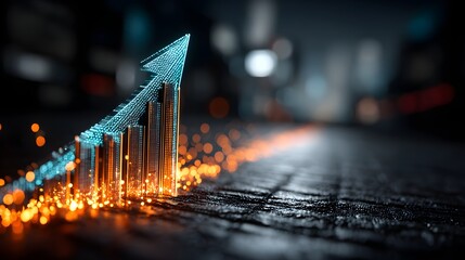 Digital glowing arrow graph shows upward trend on dark textured background with bokeh lights