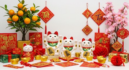 穏やかな光が注ぐテーブルには三匹の招き猫が座し金運を招くミカンの木や金色の元宝赤い福字の飾りや紅包が豊かさと繁栄を願う春節の喜びと活気に満ちたお祝いの風景. AI Generated