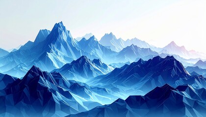 Stylized, majestic blue mountains rise into a soft, hazy sky. Peaks and valleys abound