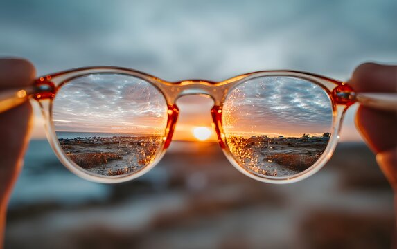 Hands holding eyeglasses to reveal a sharp sunset landscape against a blurred background.