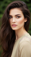Close-up portrait of young woman with brown hair and eyes, wearing beige sweater, against blurred green background.  Image showcases beauty, natural look, and healthy skin.