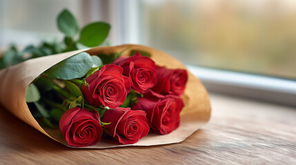 Red roses bouquet wrapped in paper for romantic gift