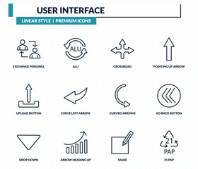 user interface icons set - exchange personel, alu, crossroad, go back button, 21 pap outline vector collection.
