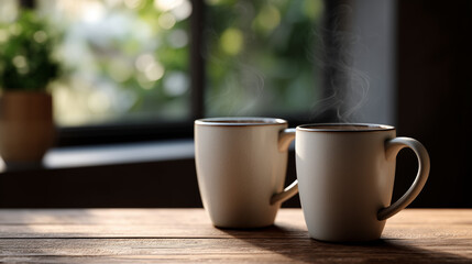 Two coffee mugs placed side by side on wooden table