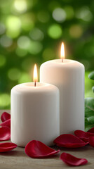 Two white candles with rose petals on table