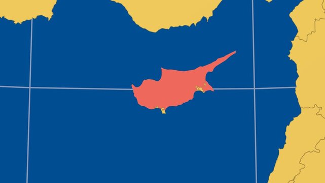 Cyprus on Globe. Animated zoom into the country in Ocean Blue Golden Yellow color palette. Cyprus logo animation. Map with meridians, parallels. Modern video.