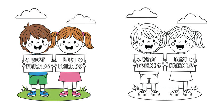 Cute boy and girl holding best friends signs with coloring page outline vector illustration