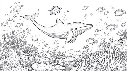 Obraz premium Underwater whale coloring page with coral reef (1)