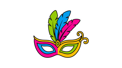 Obraz premium Colorful Mardi Gras mask with feathers on a white background in a flat lay composition with vibrant tones.