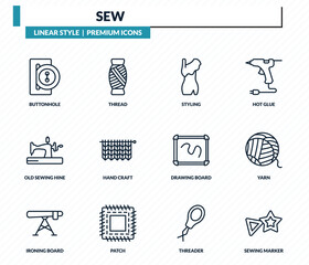 sew icons set - buttonhole, thread, styling, yarn, sewing marker outline vector collection.