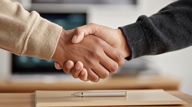 Two Business Professionals Engaging in a Firm Handshake in an Office Setting
