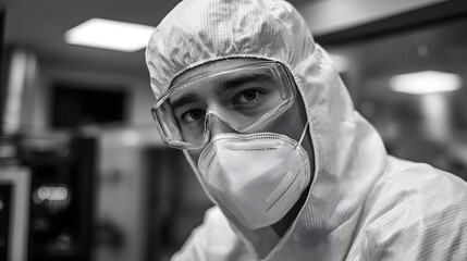Obraz premium A person wearing a full protective suit mask and safety goggles in a sterile laboratory environment