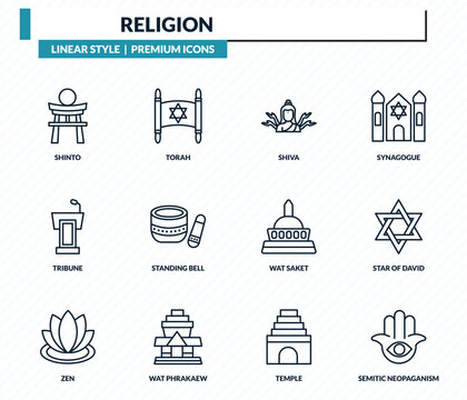 religion icons set - shinto, torah, shiva, star of david, semitic neopaganism outline vector collection.