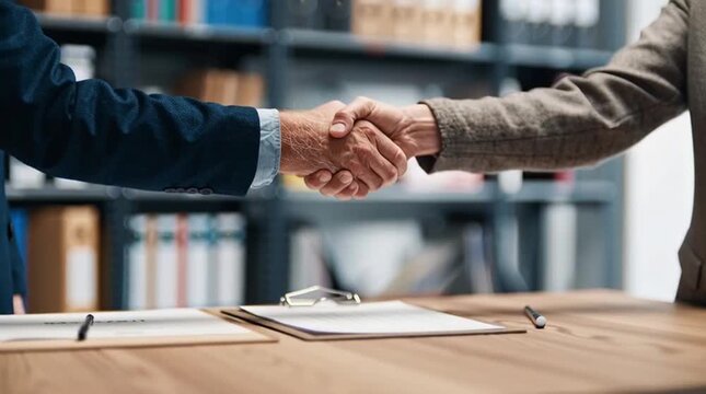 Close-up of Two Business Professionals Shaking Hands in Modern Office Environment