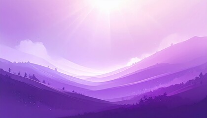 Stylized purple mountain landscape with sunburst, ethereal atmosphere