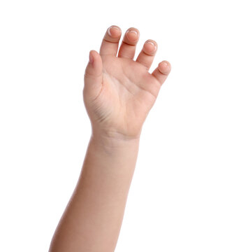 Little girl holding something on white background, closeup