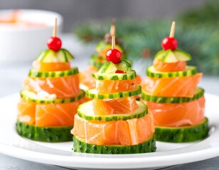 Festive appetizer arrangements with smoked salmon, cucumber and cherry tomatoes, styled as Christmas trees, resting on a white plate