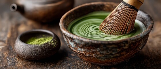 Perfectly whipped, earthy matcha tea flows in a handmade basin. Its vivid green color offers a revitalizing and nutritious experience. Zen in a cup for a time.