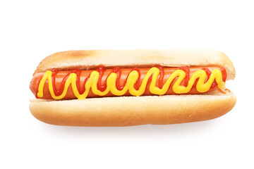 Tasty hot dog with ketchup and mustard isolated on white, top view