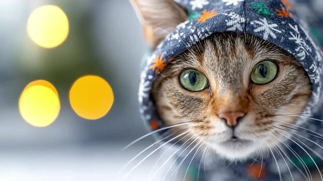Stylish Feline Elegance: A captivating tabby cat dons a cozy hooded garment, its mesmerizing green eyes reflecting the gentle bokeh of distant lights, evoking a sense of charm and snug comfort.