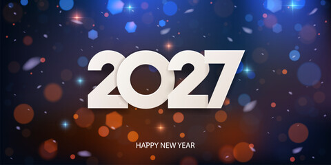 Happy New Year 2027. Holiday greeting card design. White paper numbers on a defocused colorful, bokeh background with snow.