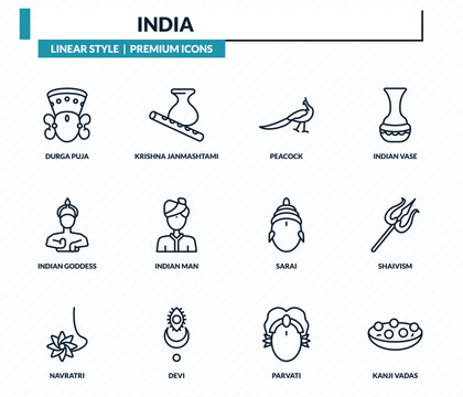 india icons set - durga puja, krishna janmashtami, peacock, shaivism, kanji vadas outline vector collection.