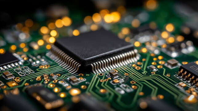 Electronic Circuit Board Close-up: A high-angle close-up showcases the intricate details of a circuit board, a symphony of electronic components, wires, and connections.