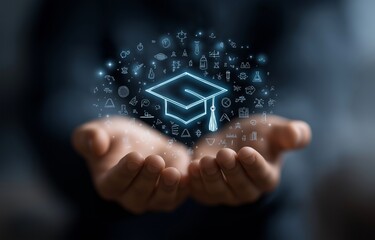 An unidentified individual with faceless hands clutching a bright graduation cap is surrounded by learning symbols that stand for professionalism and knowledge