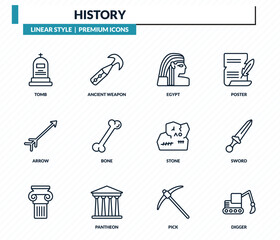 Obraz premium history icons set - tomb, ancient weapon, egypt, sword, digger outline vector collection.