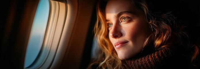 A Caucasian woman traveling in economy class for business sits comfortably in the airplane and looks out the window.