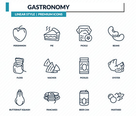Naklejka premium gastronomy icons set - persimmon, pie, pickle, oyster, mustard outline vector collection.