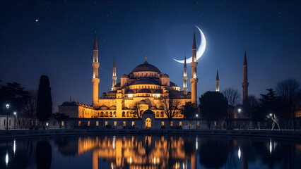 Hand-drawn mosque illustration with crescent moon and star, featuring Arabic calligraphy, ideal for Ramadan Kareem greetings and Islamic festivities